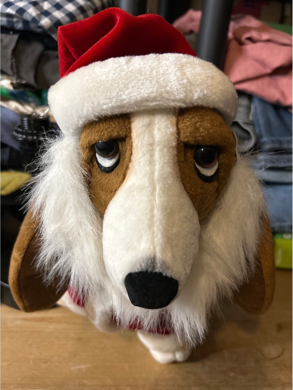 Vintage Basset Hound Plush Dog in Santa Claus Outfit